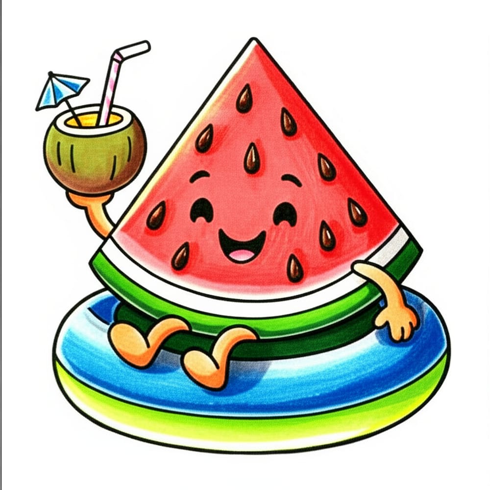Kawaii Watermelon Summer Chill Coloring Page colored version