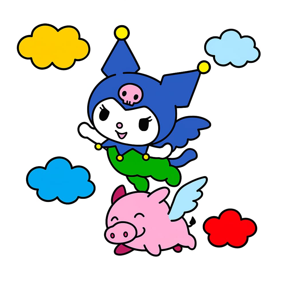 Kuromi and Baku Flying Adventure Coloring Page colored version