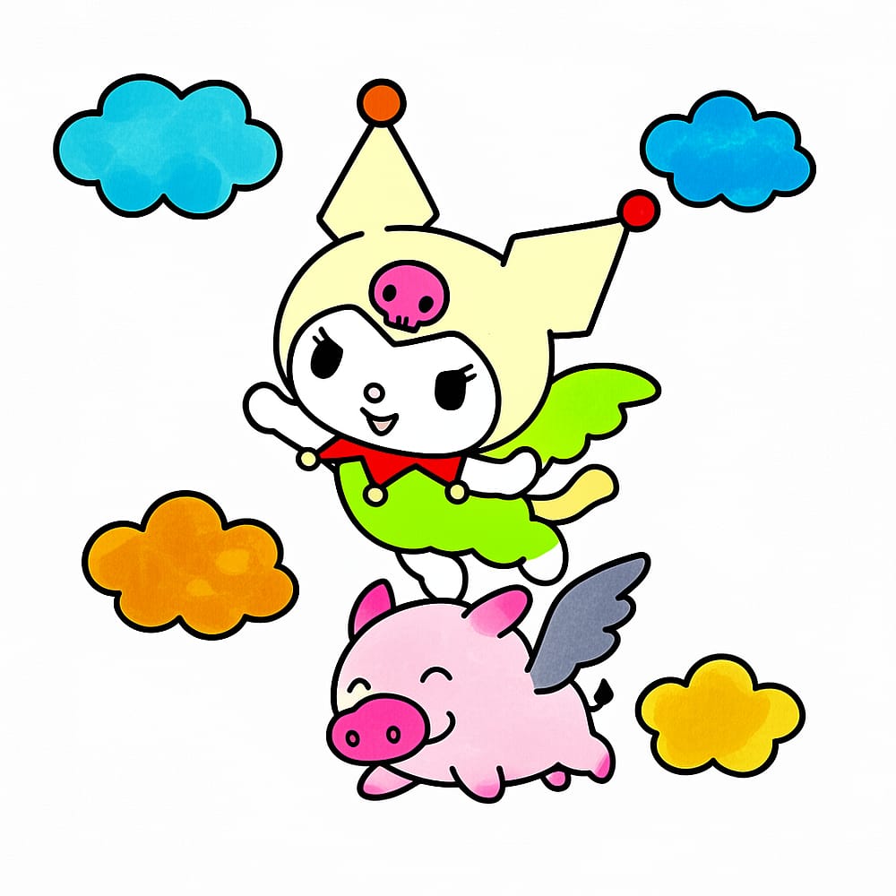 Kuromi and Baku Sky Adventure Coloring Page colored version