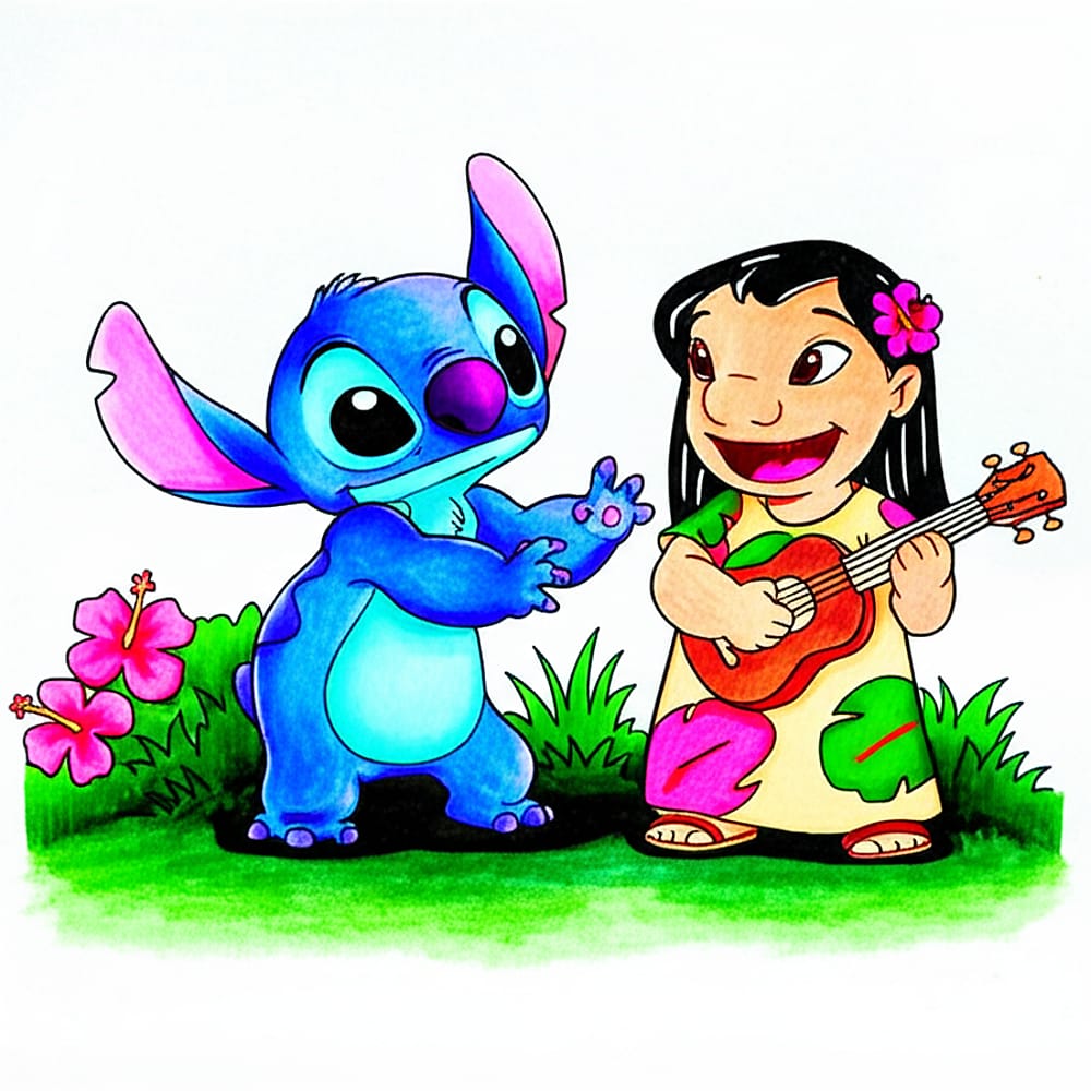 Lilo and Stitch Hawaiian Fun Coloring Page colored version