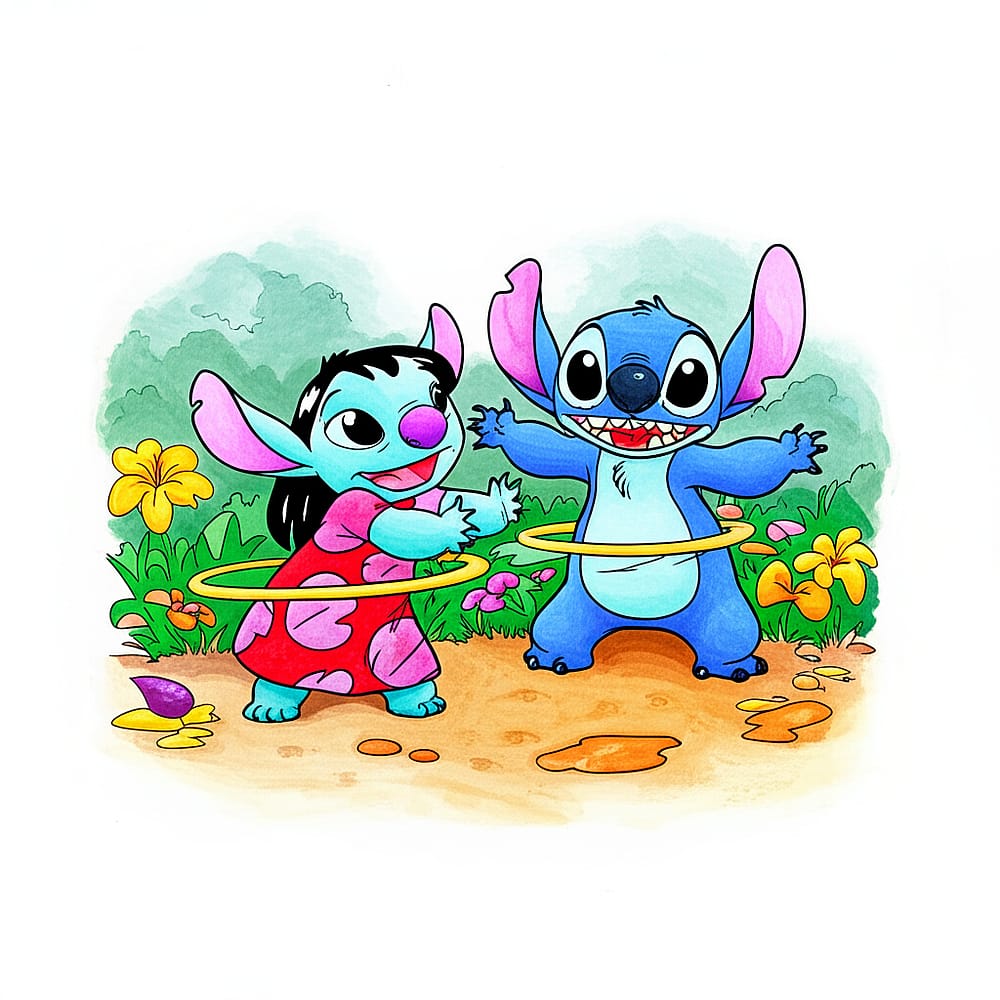 Lilo and Stitch Hula Hoop Fun Coloring Page colored version