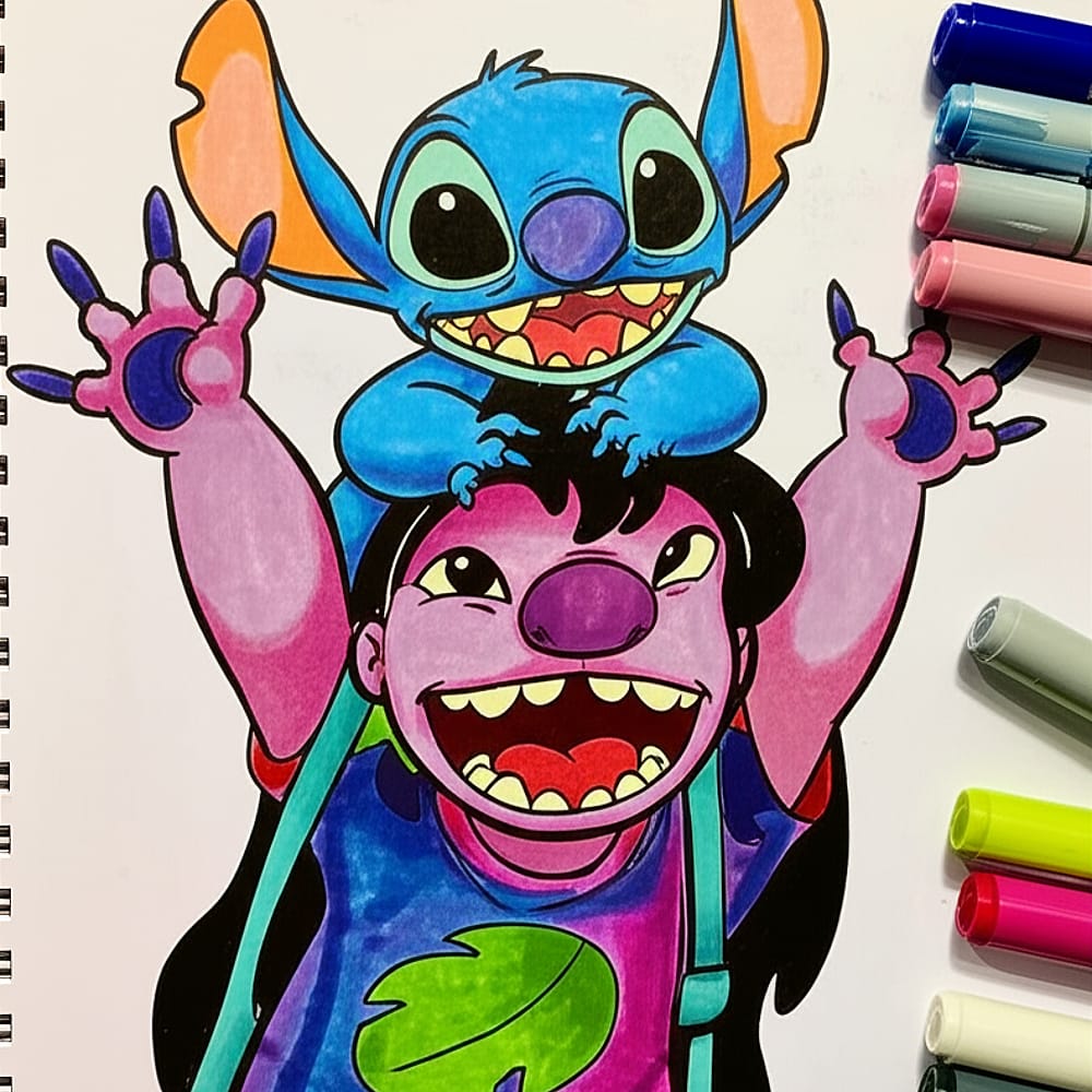 Lilo and Stitch Playful Antics Coloring Page colored version