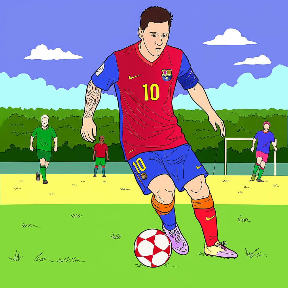 Lionel Messi Dribbling Soccer Ball Coloring Page colored version