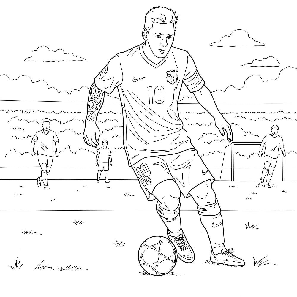 Lionel Messi Dribbling Soccer Ball Coloring Page coloring page
