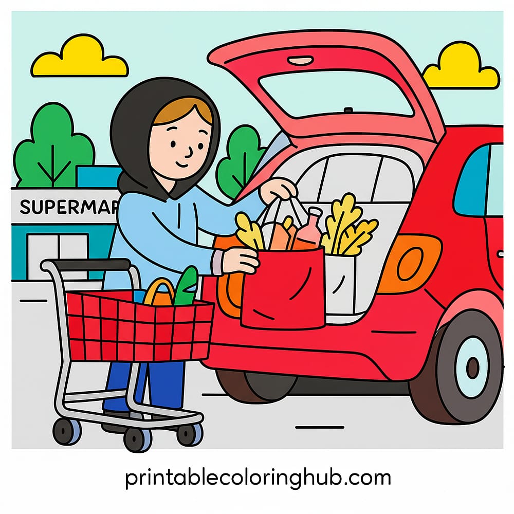 Loading Up the Groceries Coloring Page colored version