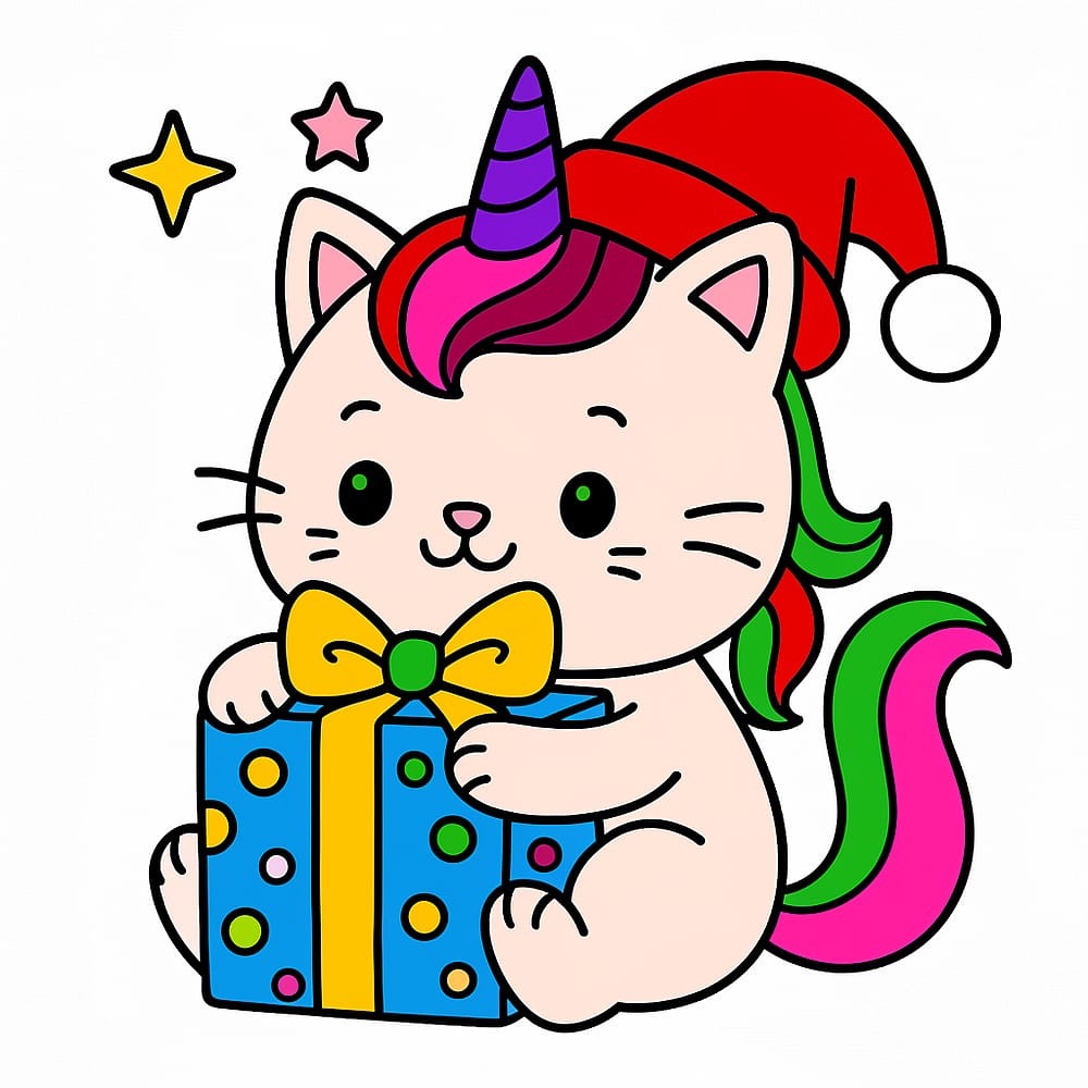Magical Christmas Caticorn Coloring Page colored version