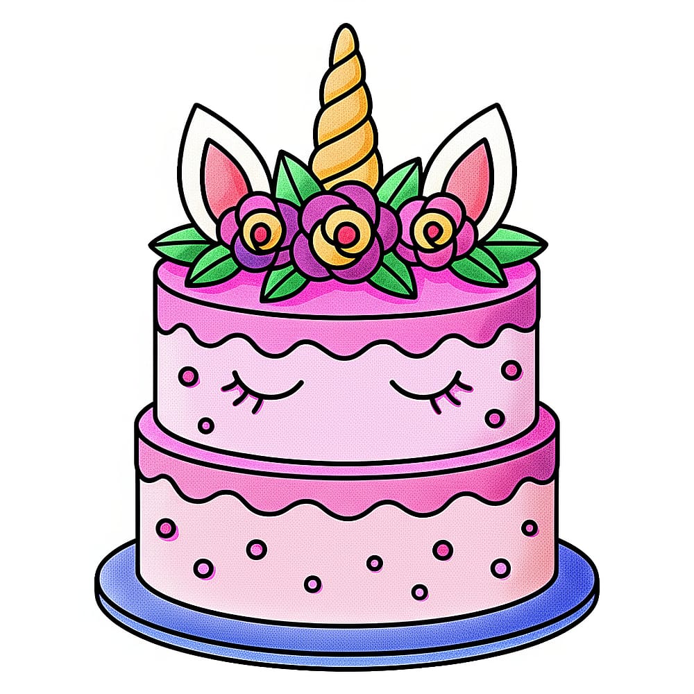 Magical Unicorn Cake Coloring Page colored version