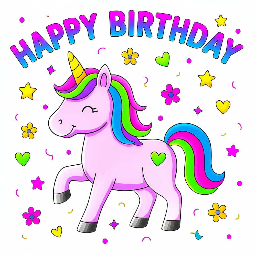 Magical Unicorn Happy Birthday Coloring Page colored version