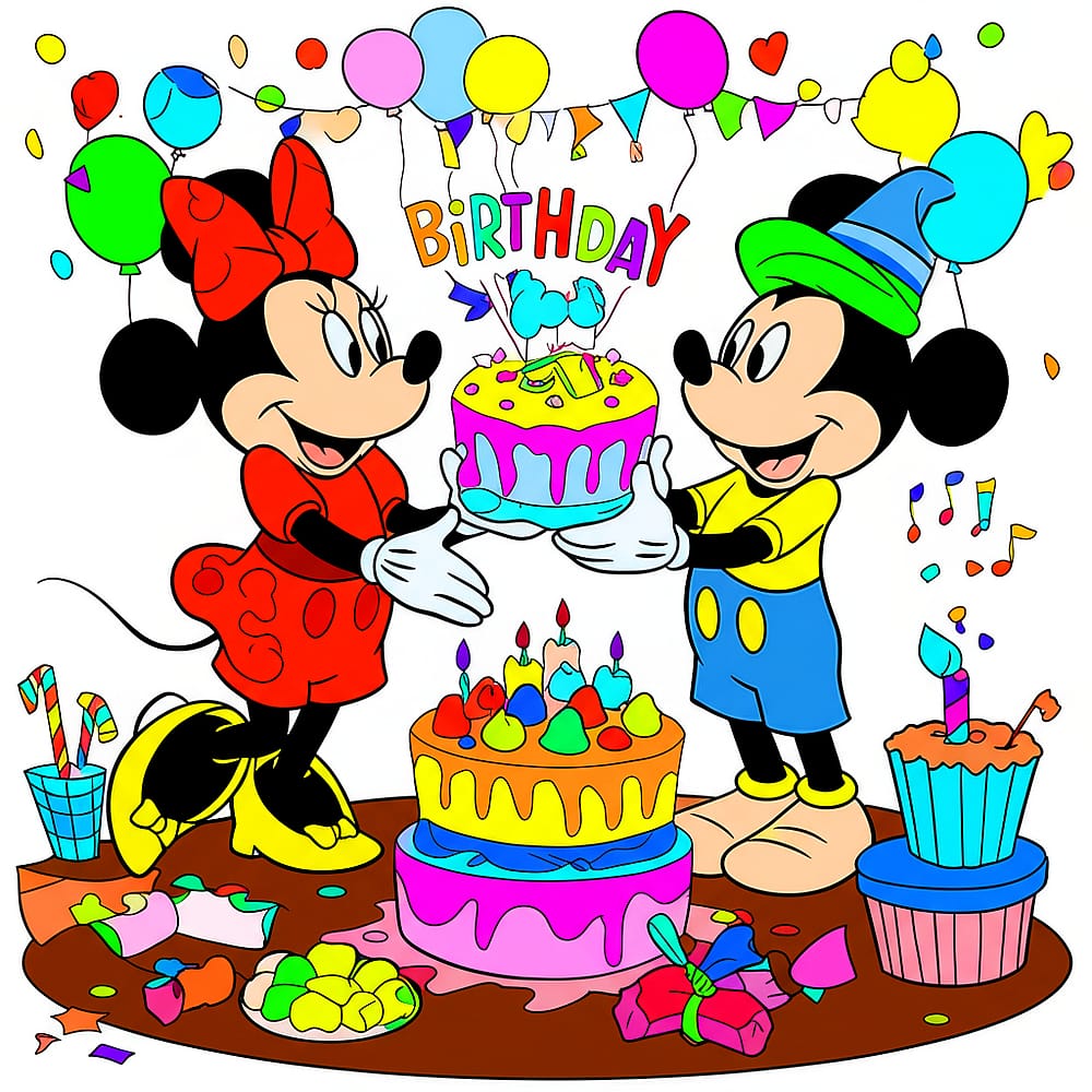 Mickey and Minnie's Birthday Bash Coloring Page colored version