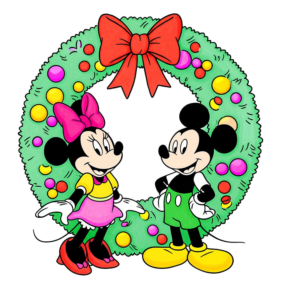 Mickey and Minnie Christmas Wreath Coloring Page colored version