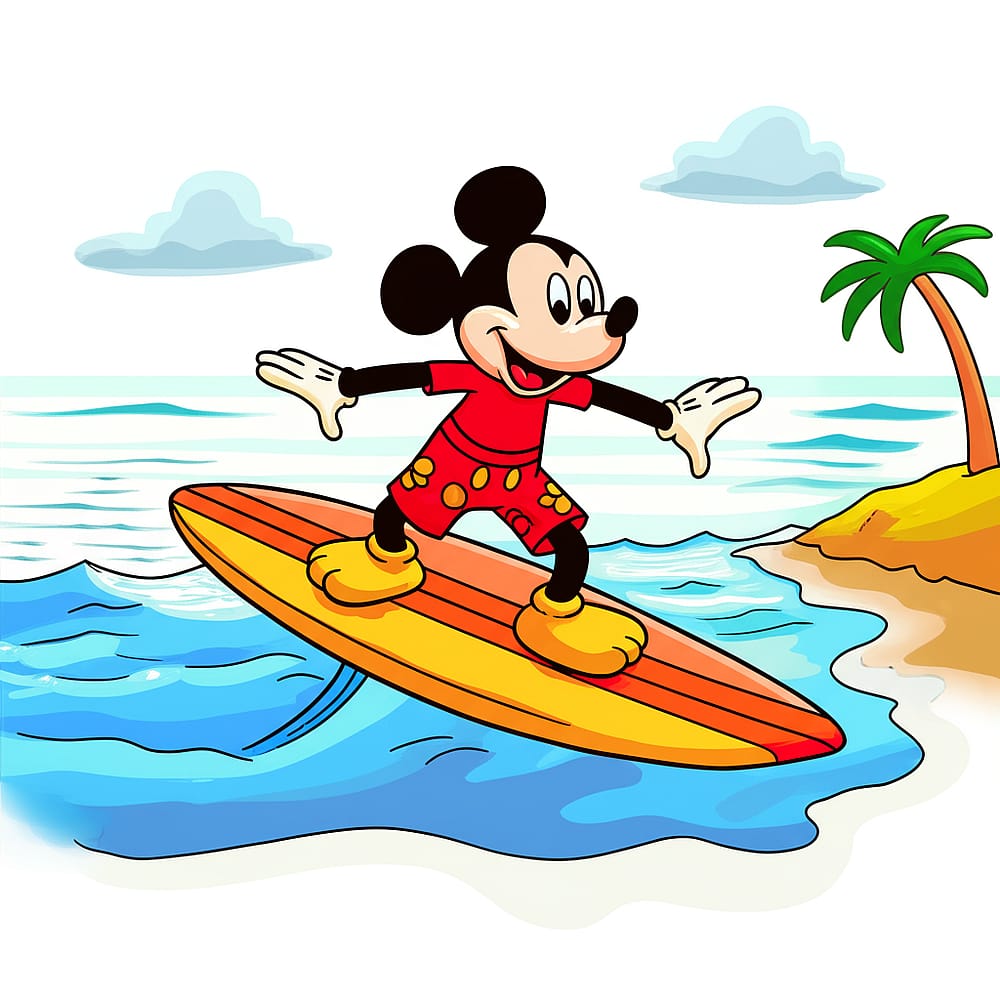 Mickey Mouse Surfing Fun Coloring Page colored version