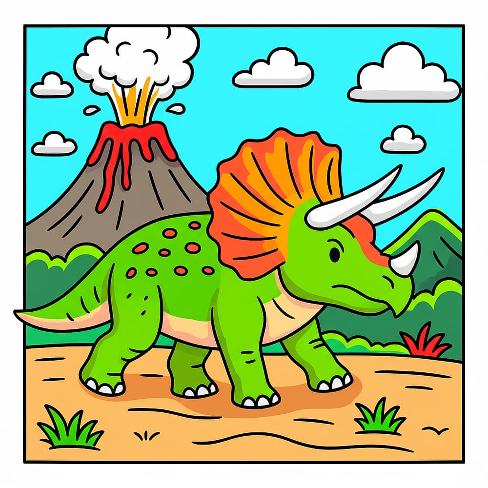 Mighty Triceratops & Volcano Coloring Page colored version