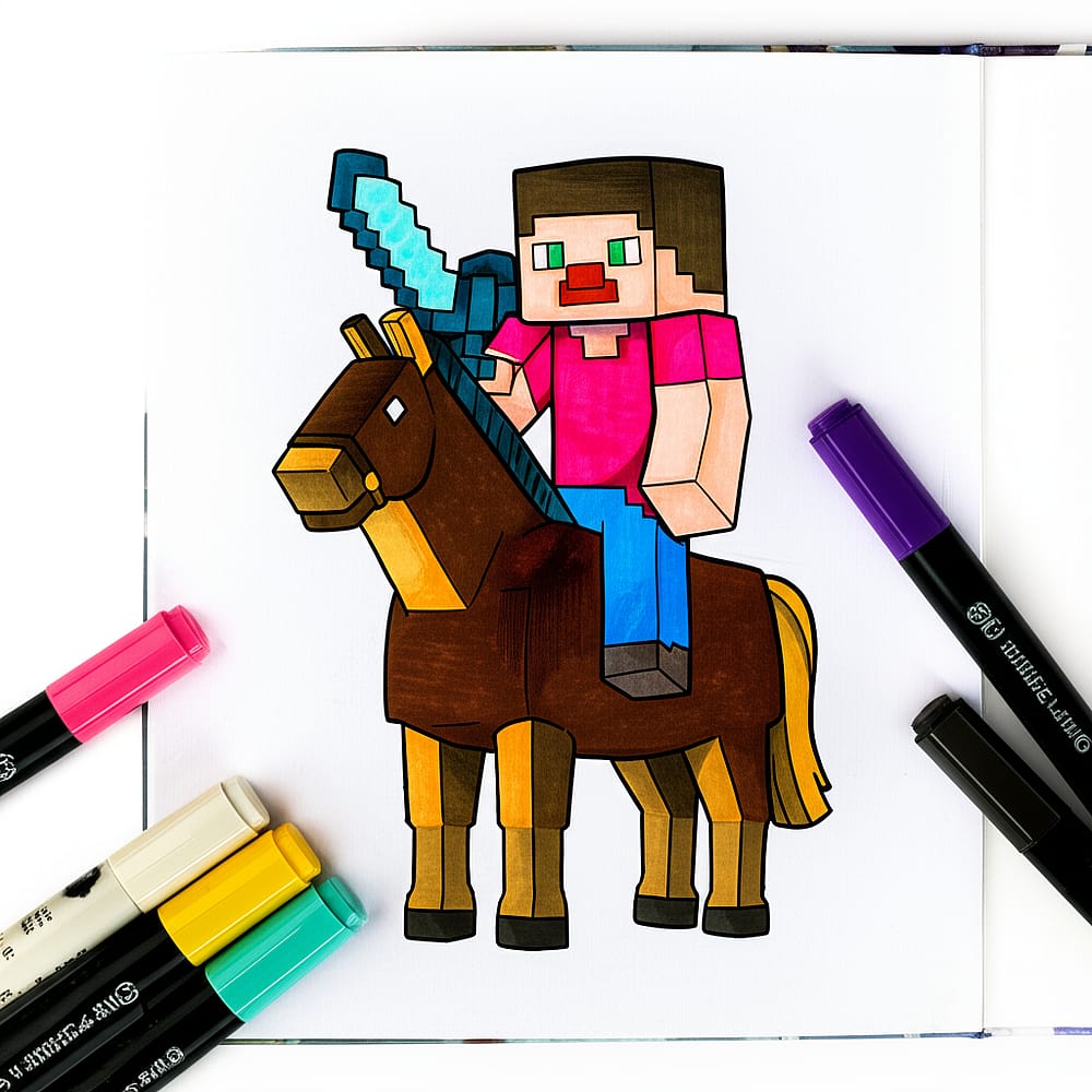 Minecraft Steve and Horse Adventure Coloring Page colored version