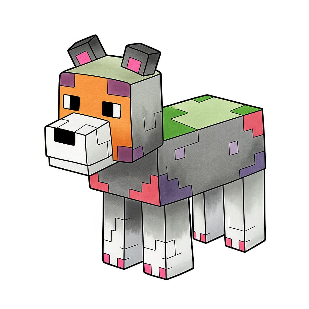 Blocky Minecraft Wolf Coloring Page colored version