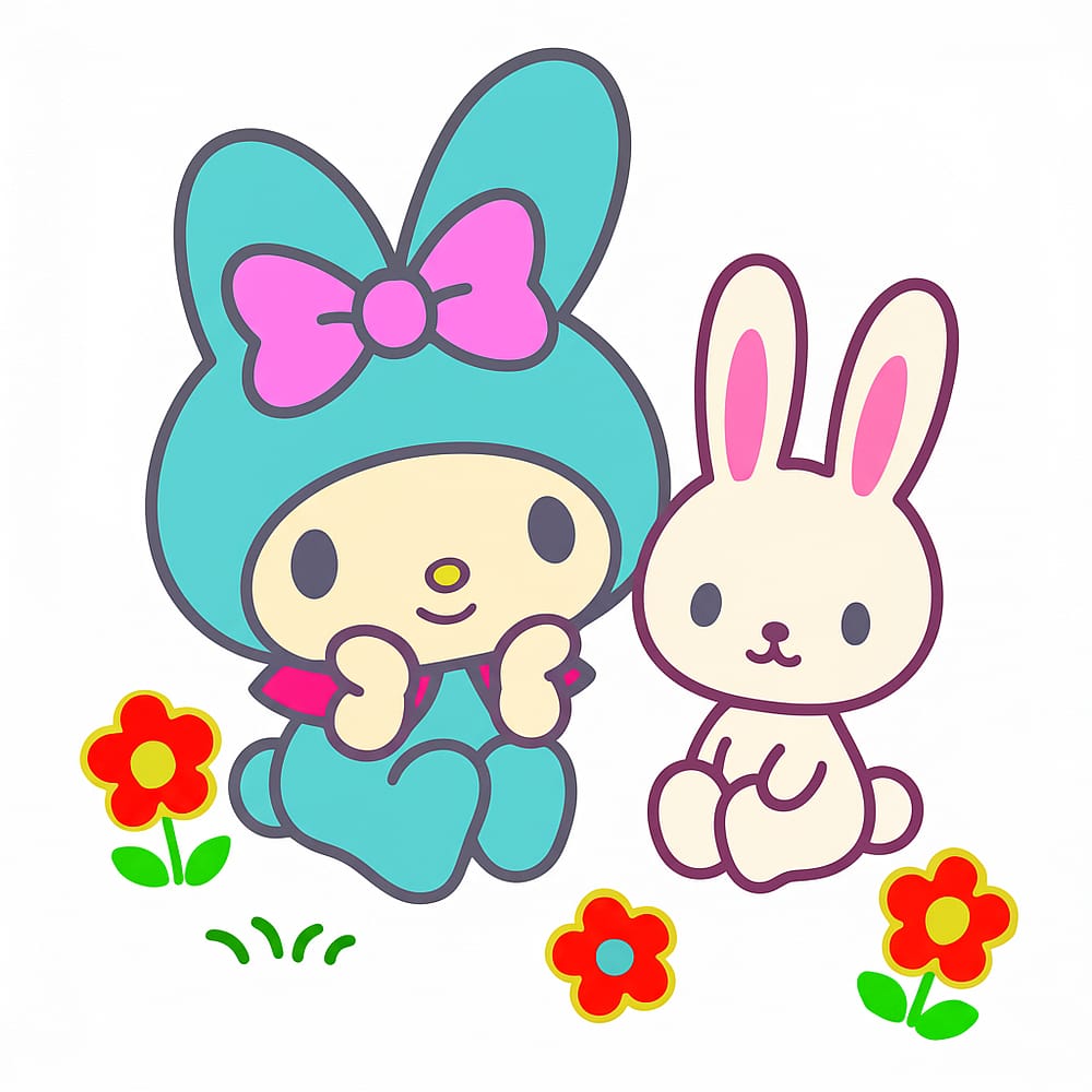 Adorable My Melody & Bunny Friend Coloring Page colored version