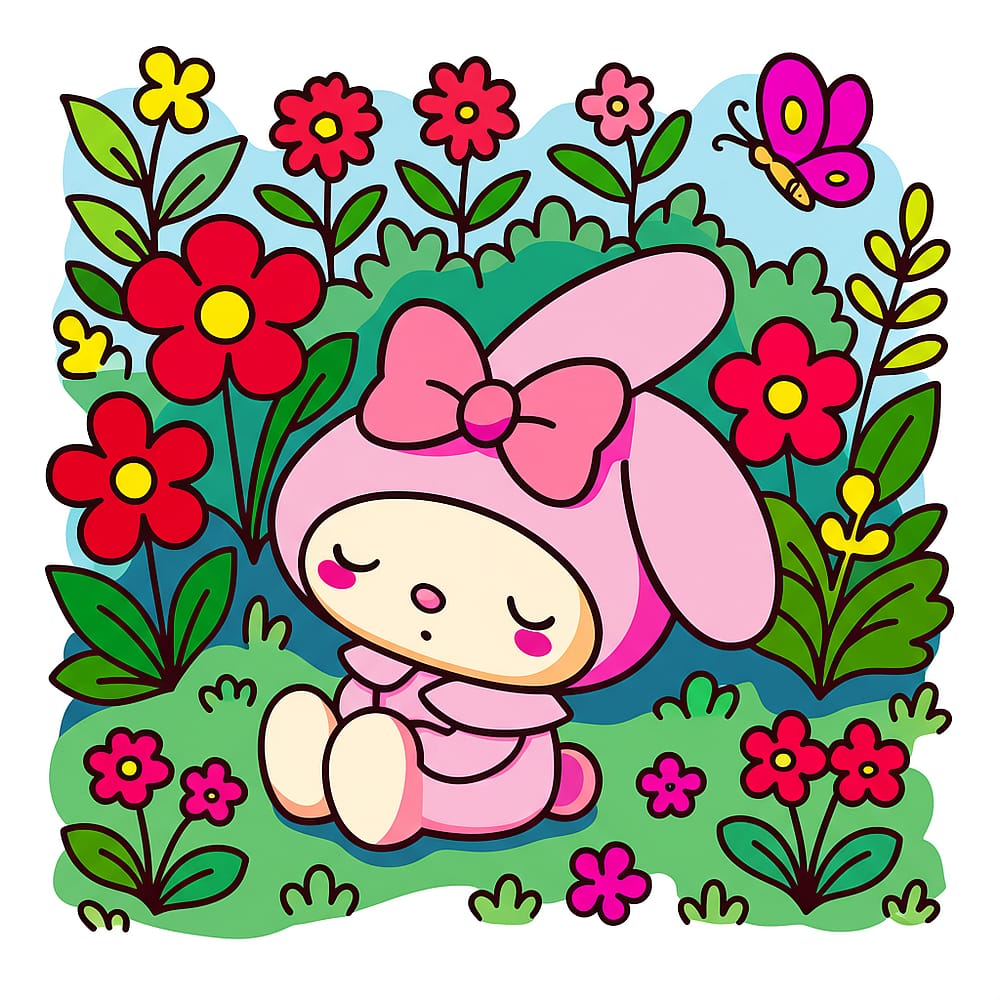 My Melody in a Flower Garden Coloring Page colored version