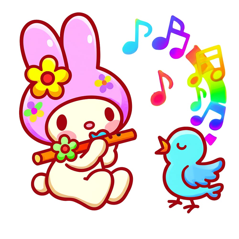 My Melody Flute and Bird Coloring Page colored version