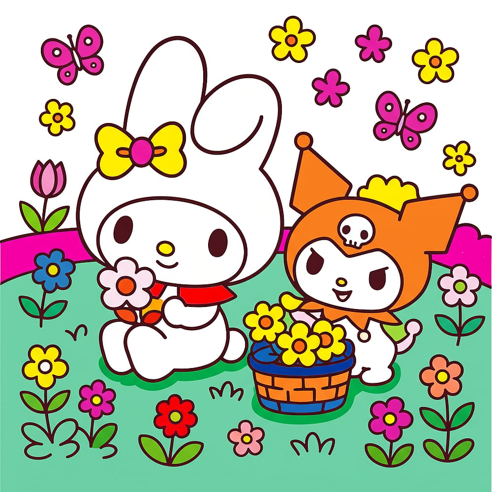 My Melody and Kuromi Spring Garden Coloring Page colored version