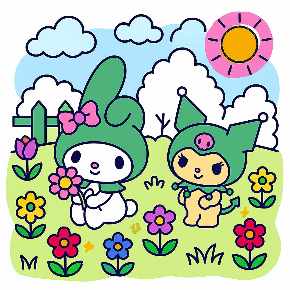 My Melody and Kuromi Sunny Garden Coloring Page colored version
