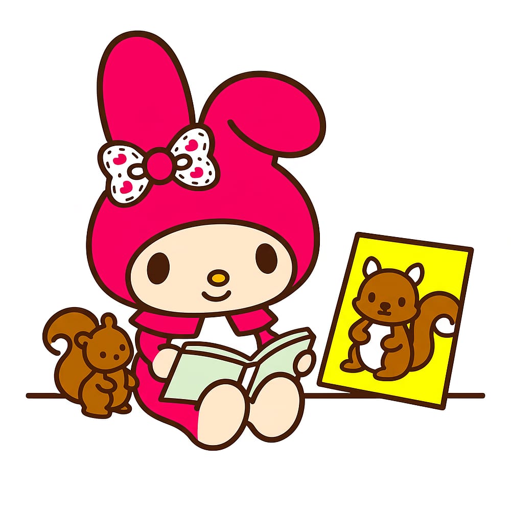My Melody Reading with Squirrel Friend Coloring Page colored version