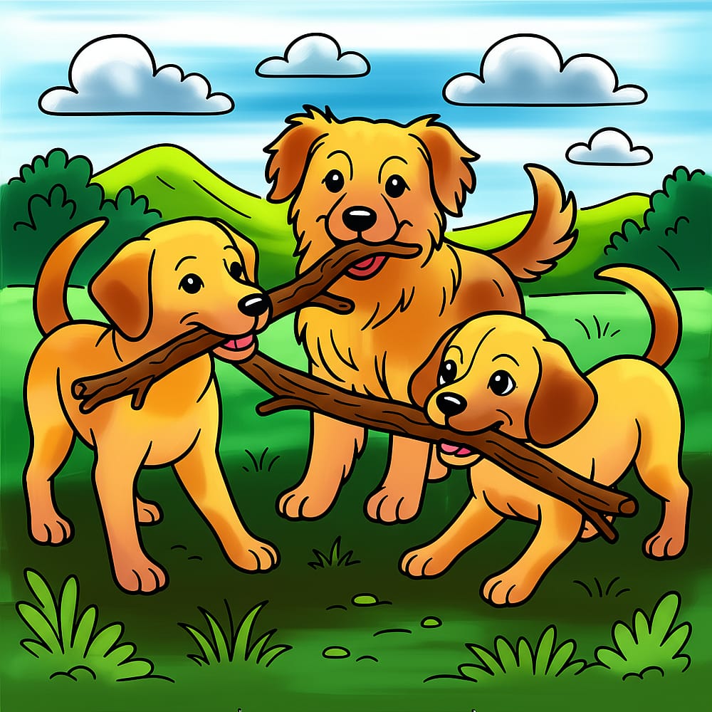 Playful Pups Stick Adventure Coloring Page colored version