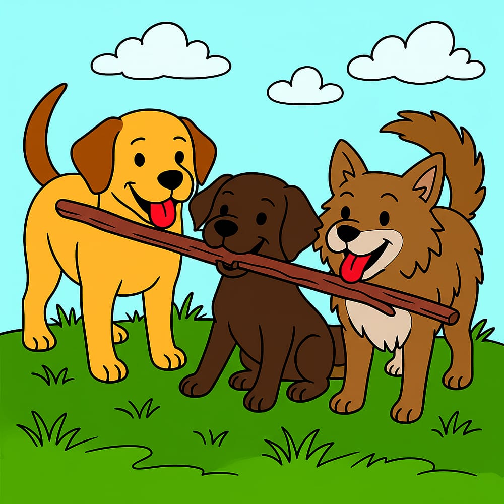Playful Pups Teamwork Coloring Page colored version