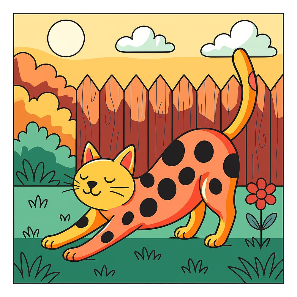 Playful Spotted Cat Stretching Coloring Page colored version