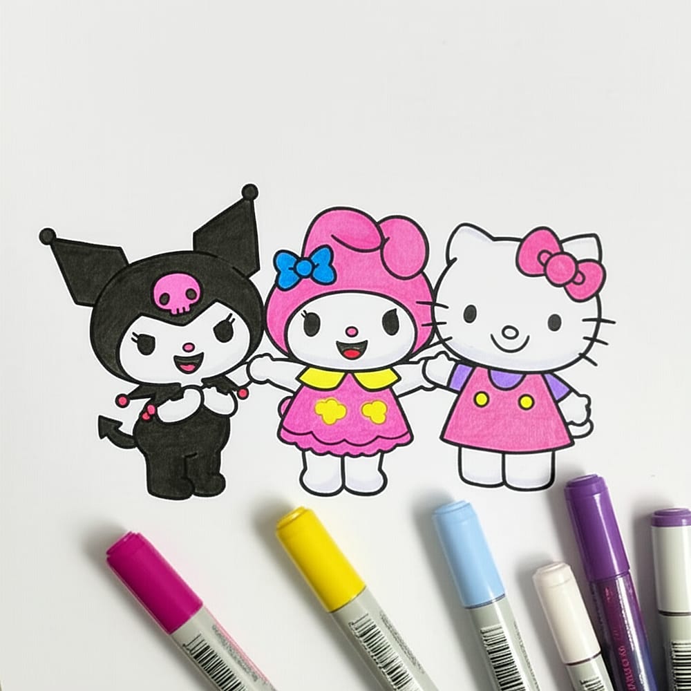 Sanrio Friends Unite - Hello Kitty, My Melody & Kuromi Coloring Page colored version