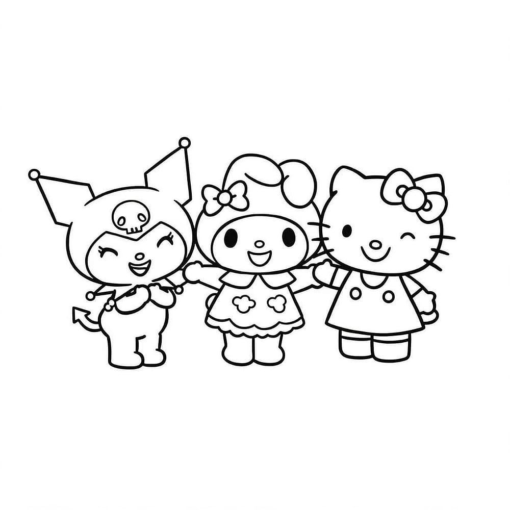 Sanrio Friends Unite - Hello Kitty, My Melody & Kuromi Coloring Page coloring page