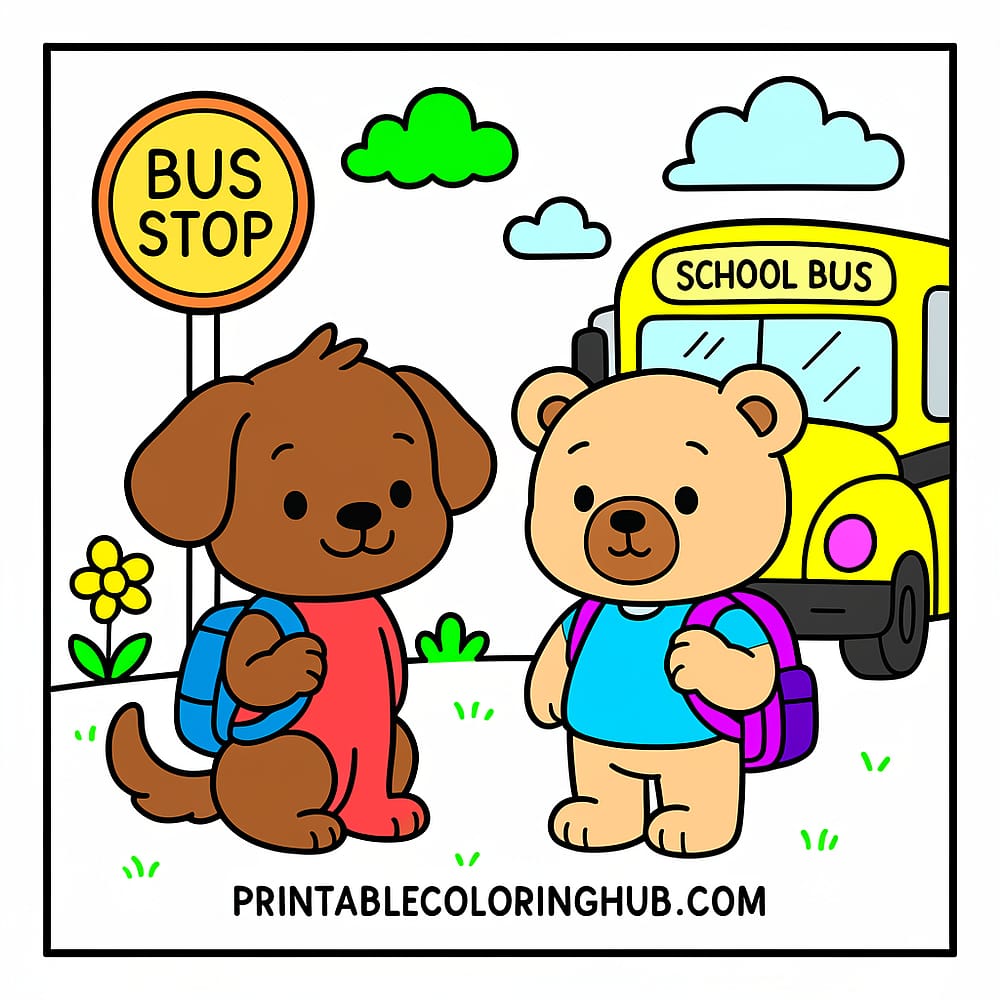School Bus Buddies Coloring Page colored version