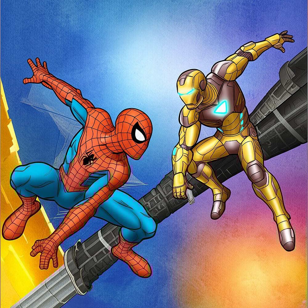 Epic Spider-Man and Iron Man Team-Up Coloring Page colored version