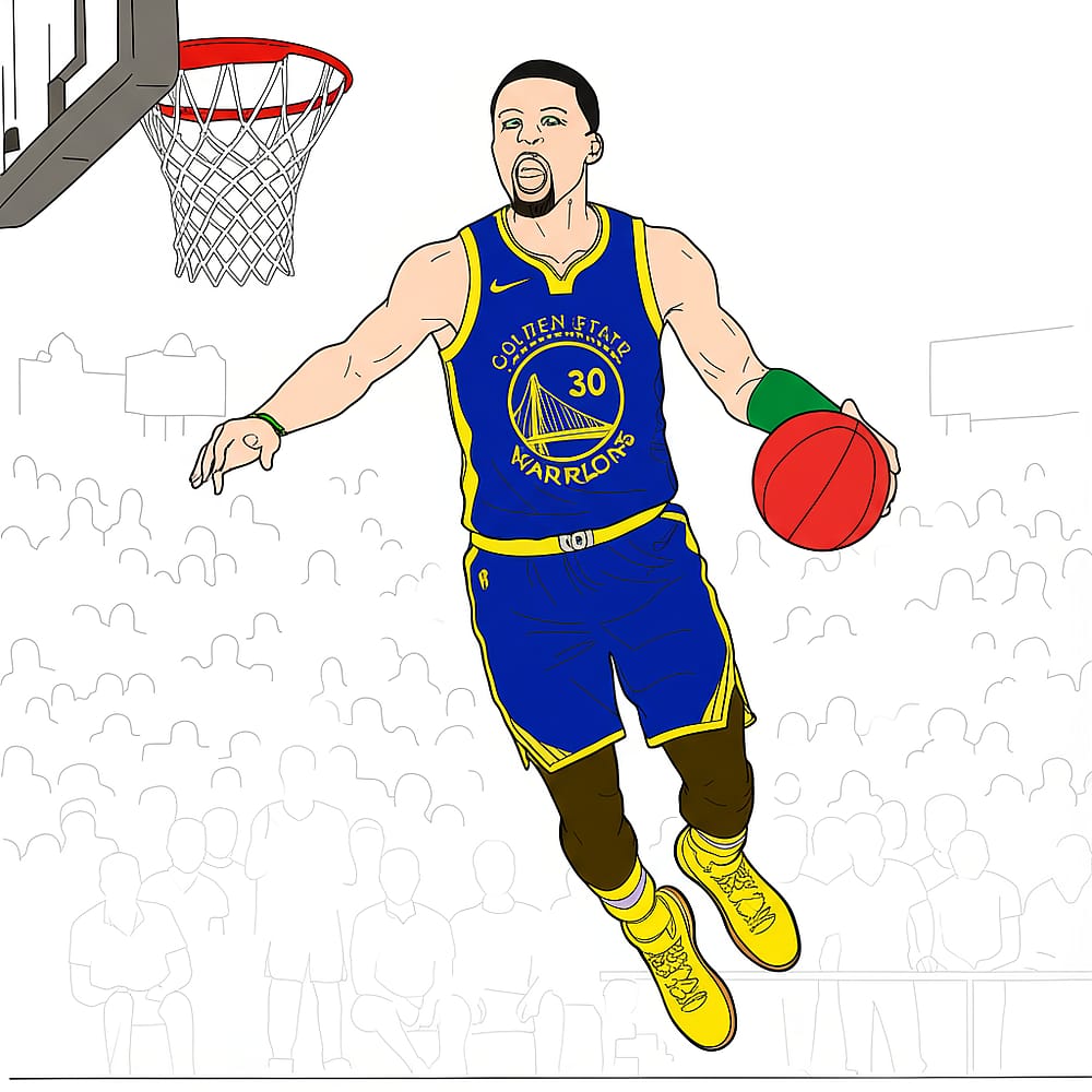 Stephen Curry Mid-Air Action Coloring Page colored version