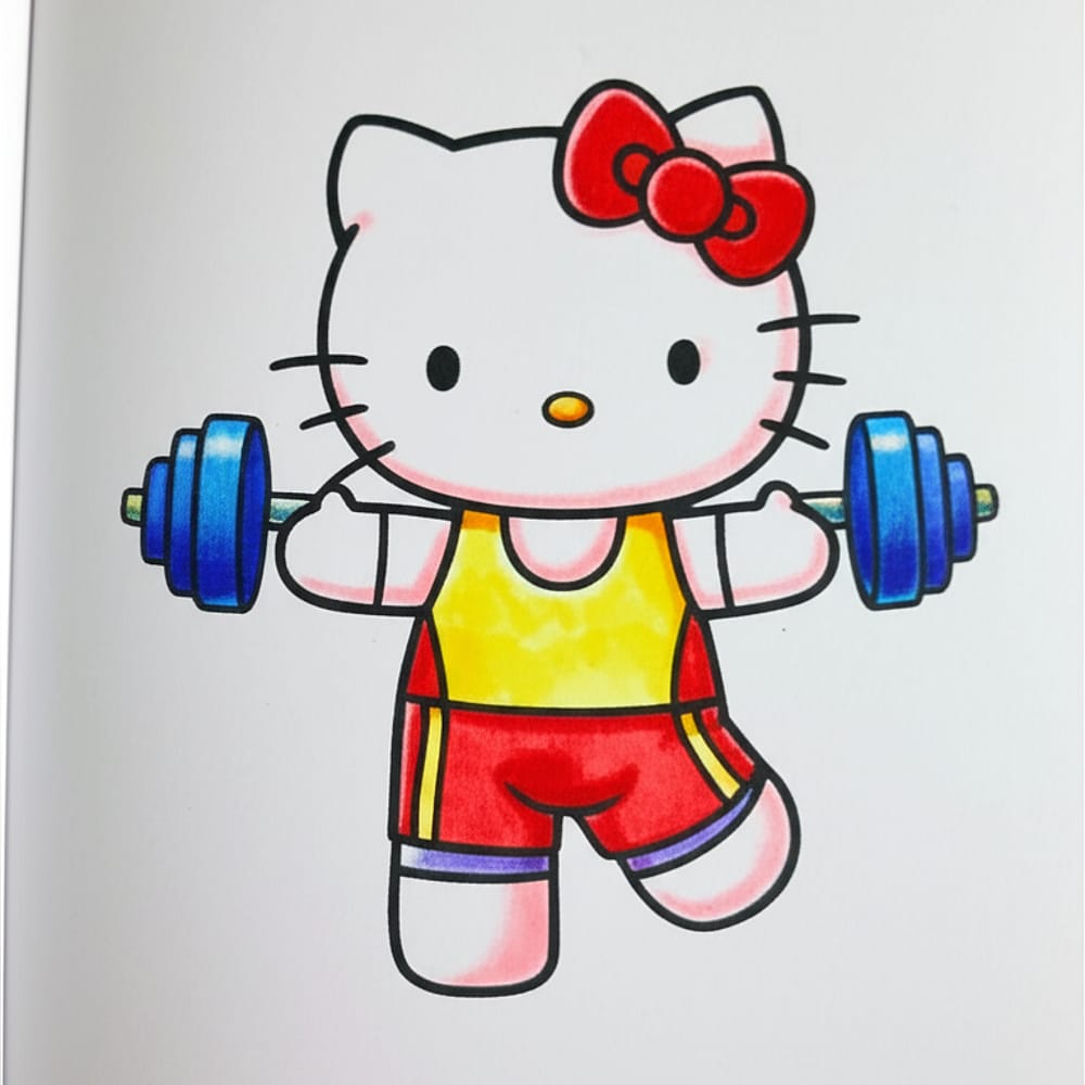 Strong Hello Kitty Weightlifting Coloring Page colored version