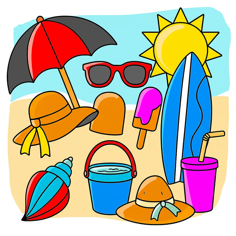 Summer Beach Essentials Coloring Page colored version