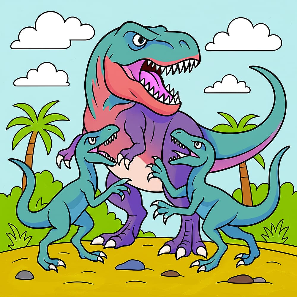 T-Rex and Raptors Coloring Page colored version