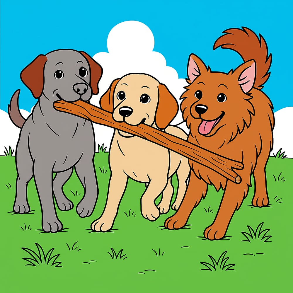Three Happy Dogs Stick Fun Coloring Page colored version
