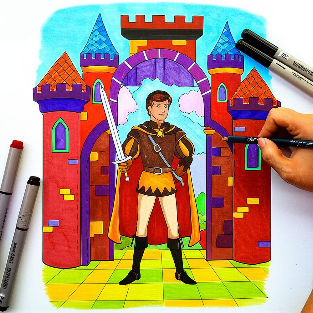Valiant Prince at Castle Gates Coloring Page colored version
