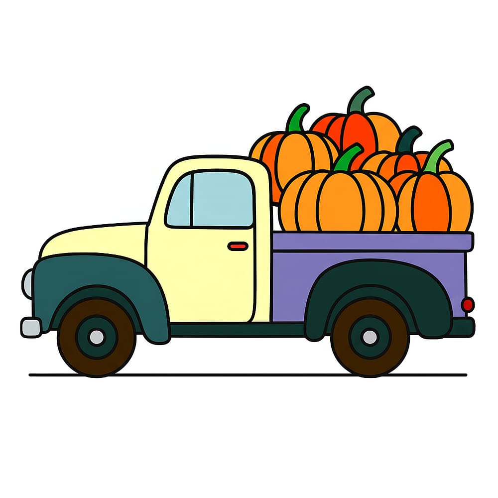 Vintage Pumpkin Patch Truck Coloring Page colored version