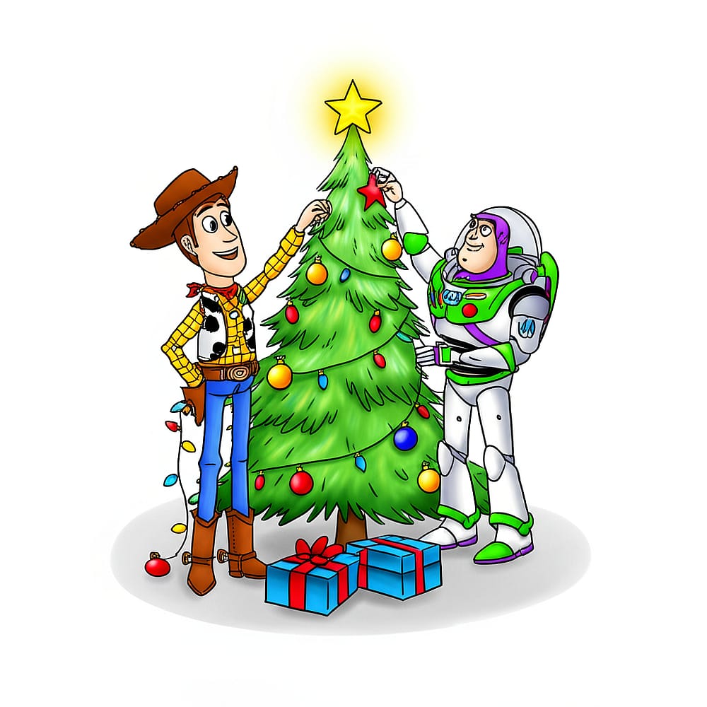 Woody & Buzz Christmas Tree Decorating Coloring Page colored version