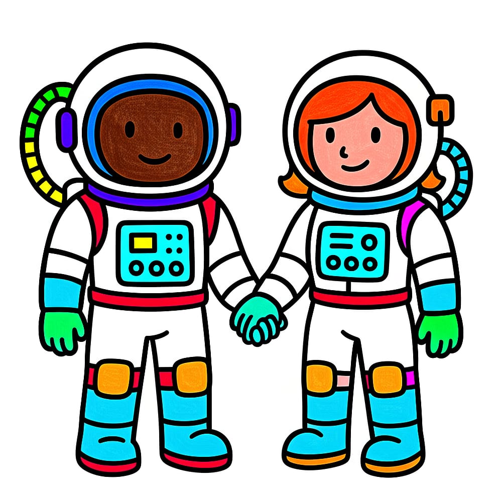 Astronaut Friends Space Adventure Coloring Page colored version