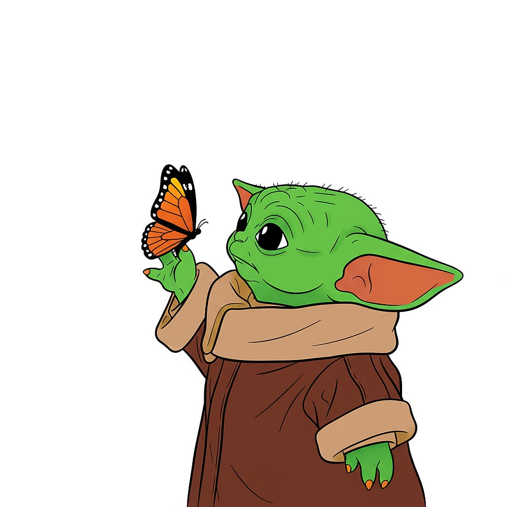 Baby Yoda Butterfly Friend Coloring Page colored version