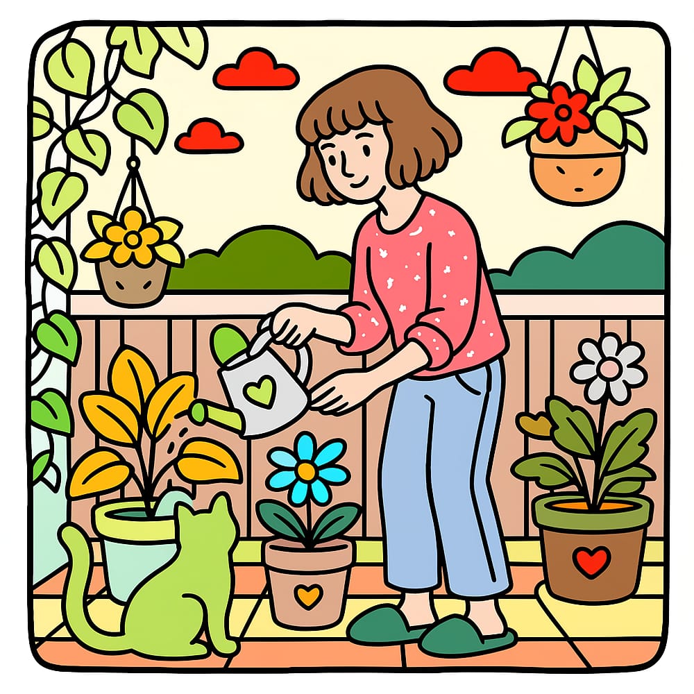 Balcony Garden Bliss with Cat Coloring Page colored version