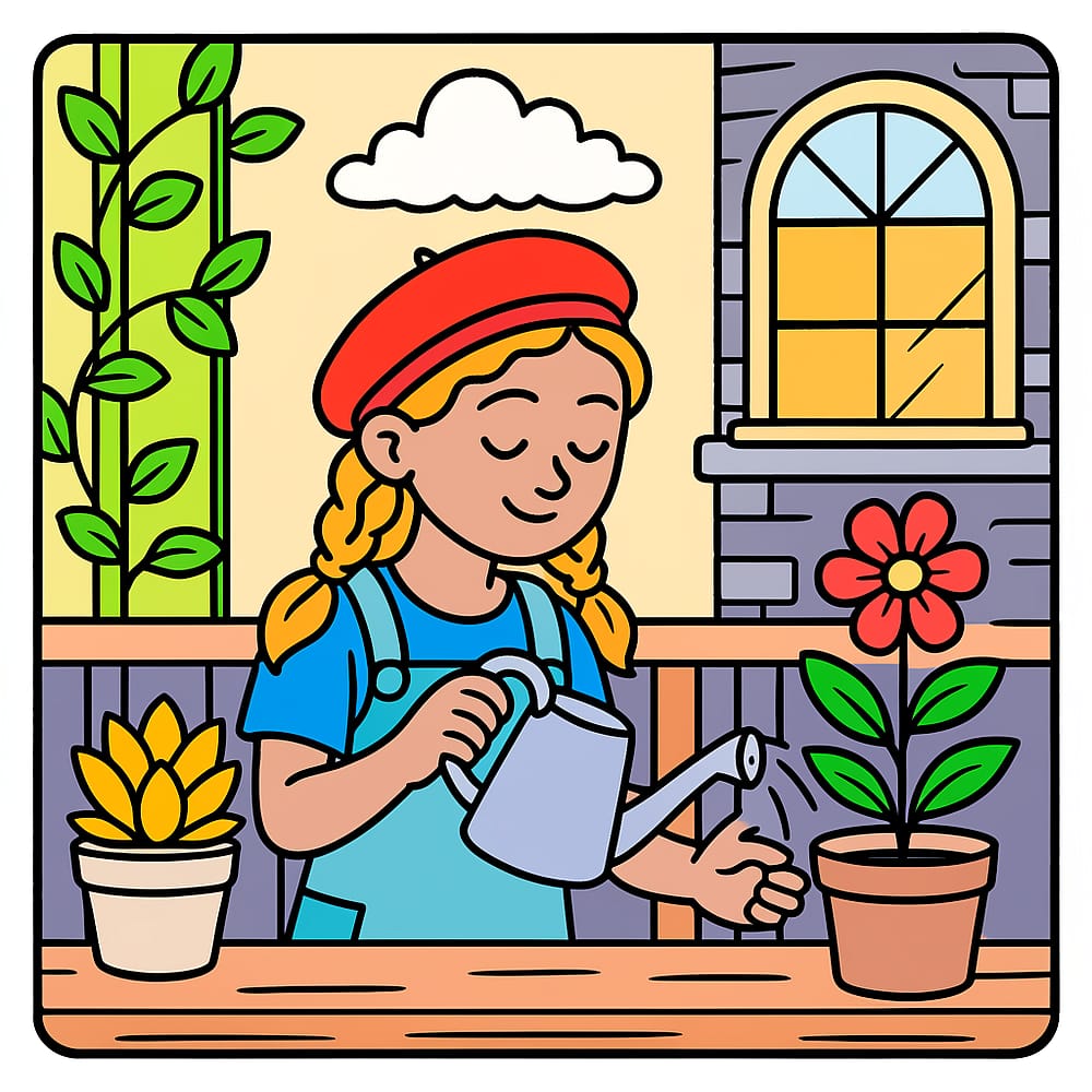 Balcony Gardener Girl Waters Flower Coloring Page colored version