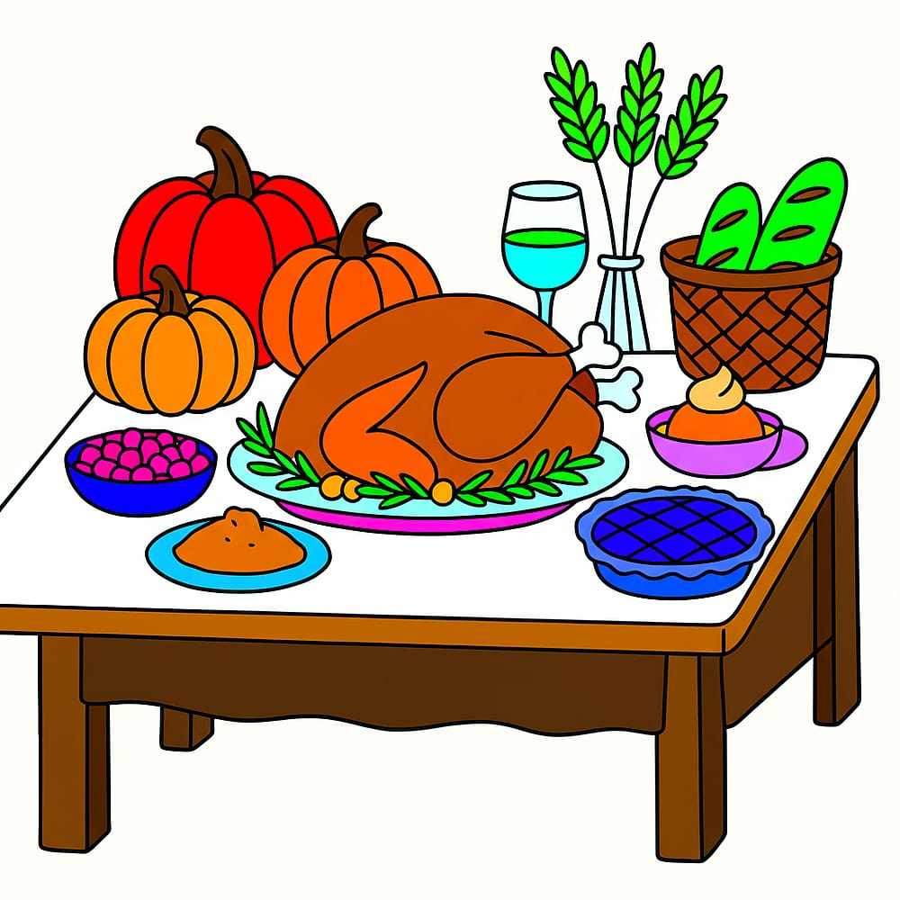 Bountiful Harvest Feast Coloring Page colored version