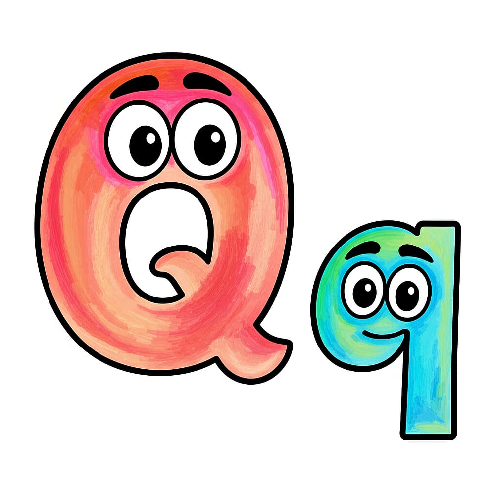 Cartoon Letter Q Characters Coloring Page colored version