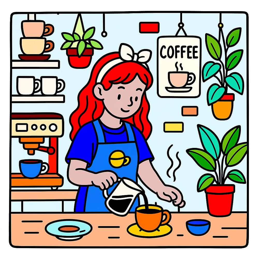 Charming Barista Pouring Coffee Coloring Page colored version