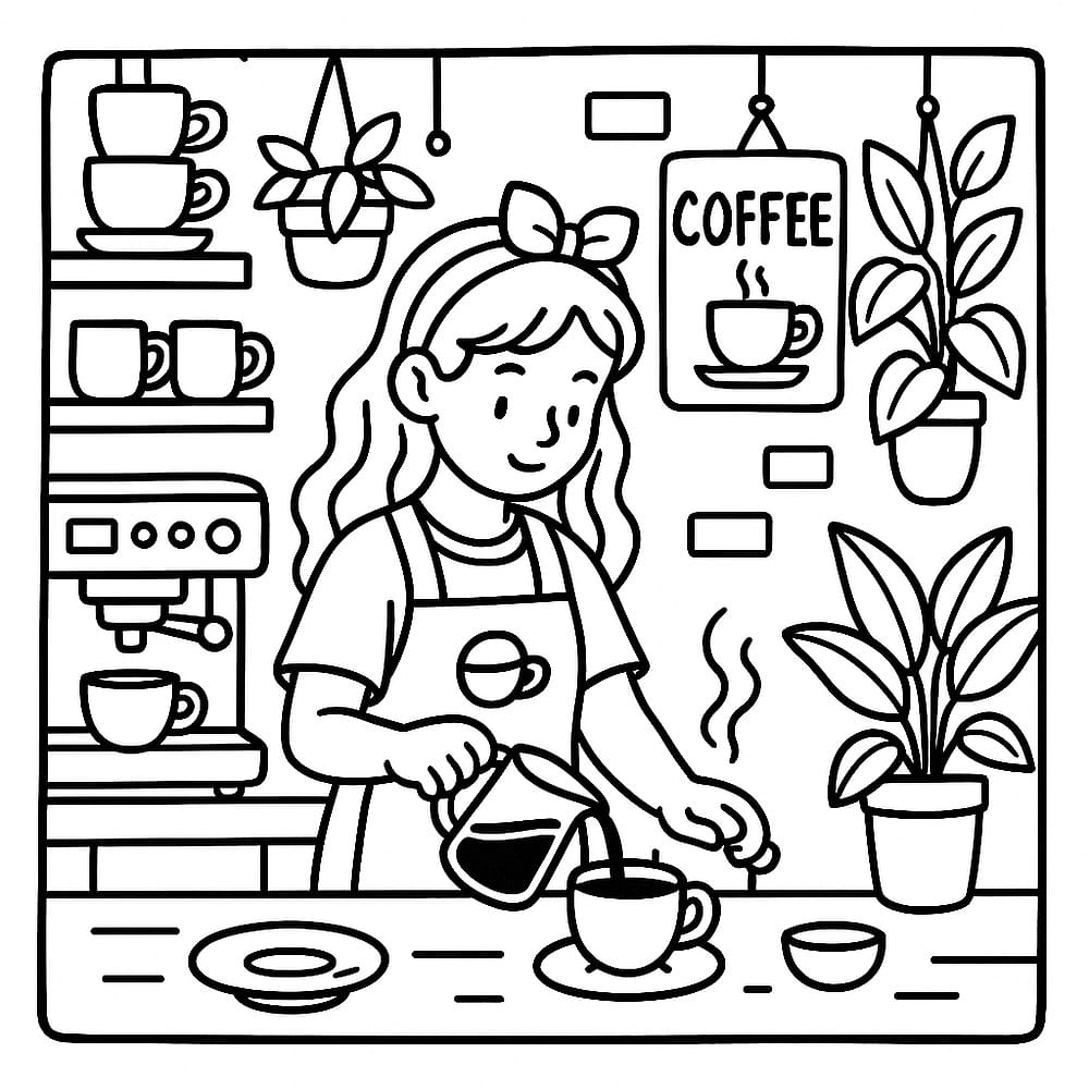 Charming Barista Pouring Coffee Coloring Page coloring page