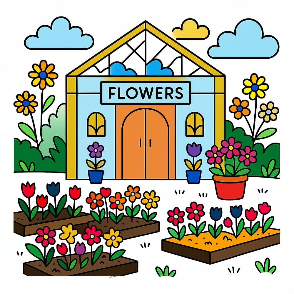 Charming Flower Greenhouse Coloring Page colored version