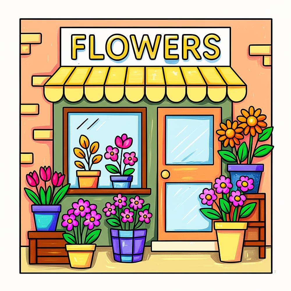 Charming Flower Shop Scene Coloring Page colored version