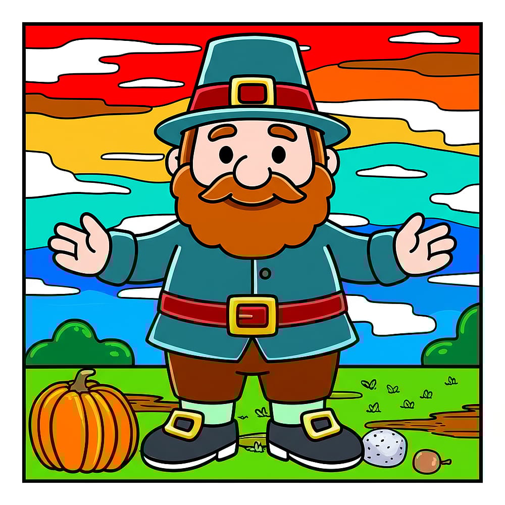 Cheerful Pilgrim Greeting Coloring Page colored version